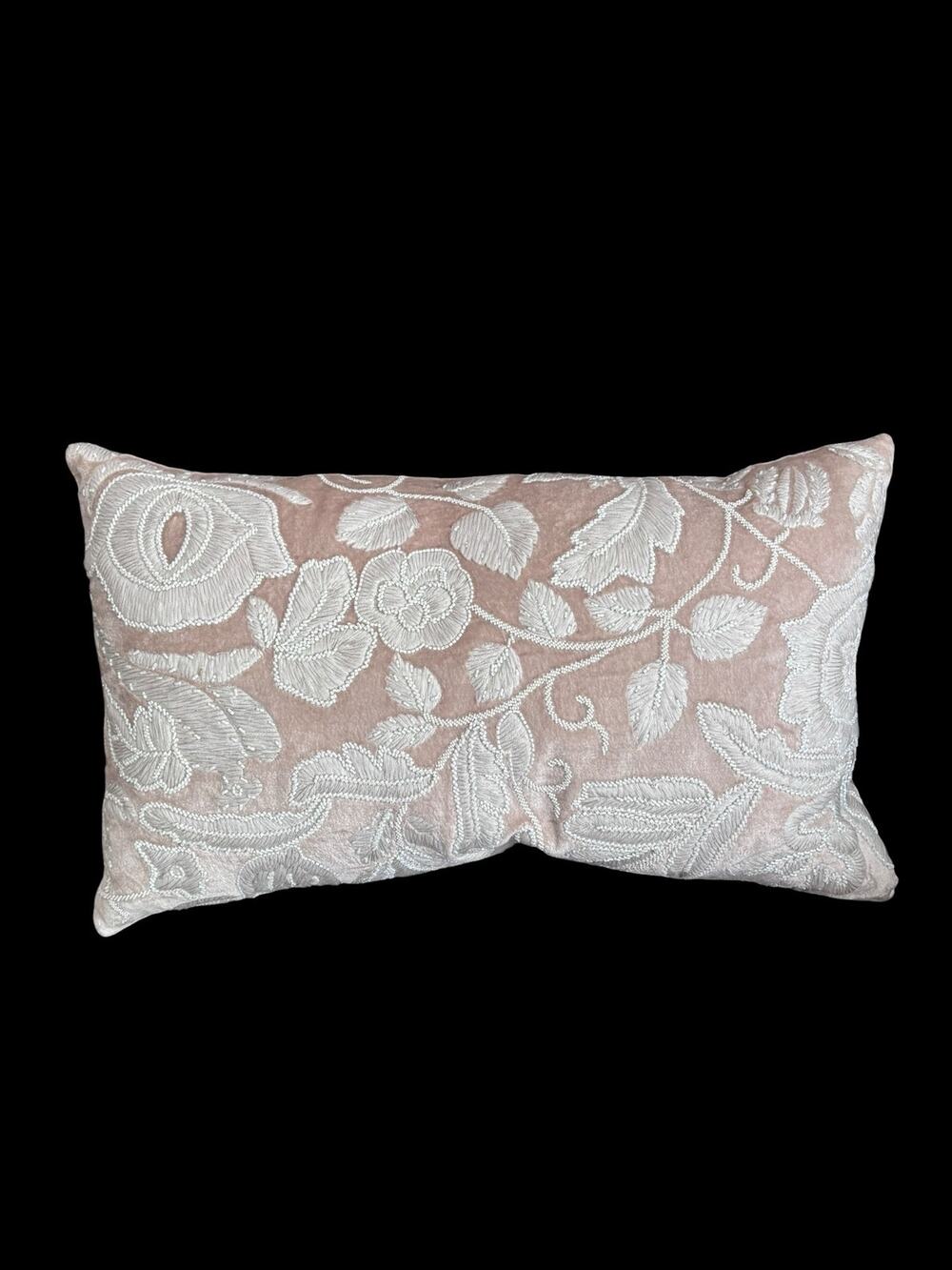 Callisto Home 14x24 Cream Floral Velvet Decorative Lumbar Pillow Feather Fill